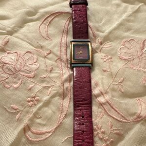 Square Dial Women's Watch with Burgundy Leather Strap